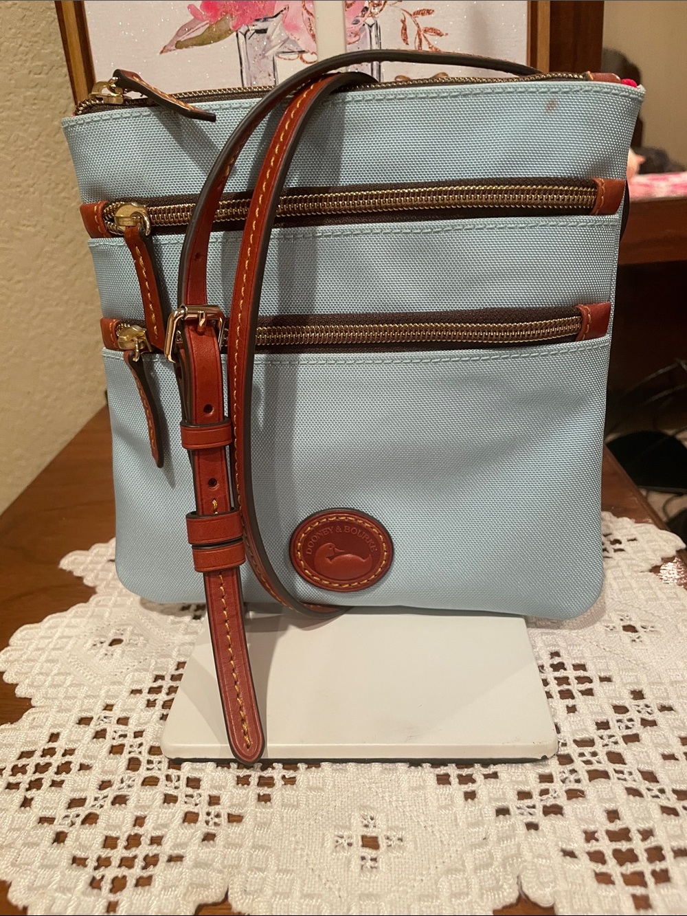 Dooney & Bourke Light Blue Crossbody with Brown Leather Trim and Gold Hardware - Picture 1 of 6